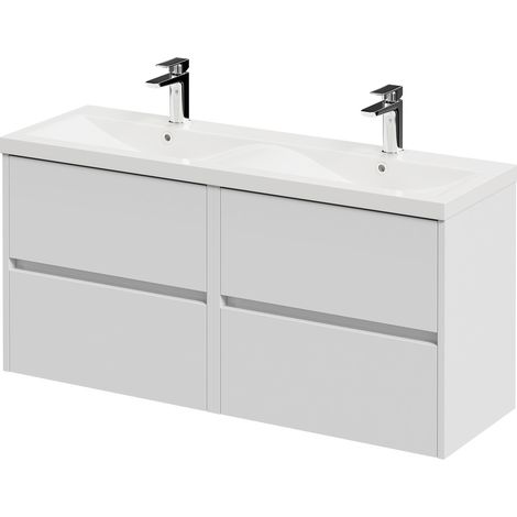 Montego Satin White 1200mm Wall Mounted 4 Drawer Vanity Unit with Glide Double Basin
