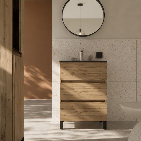 Pack Mueble de Baño 50cm Roble Natural 3 Cajones con Lavabo Negro (1/5)