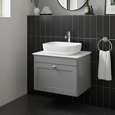 Nuie Classique Wall Hung 1-Drawer Vanity Unit with White Marble Worktop 600mm Wide - Satin Grey (1/4)
