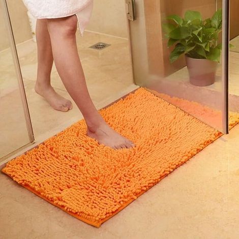 Tapis de bain/de porte/de cuisine à poils longs, orange, 60 x 90 cm, doux et moelleux, avec bandes antidérapantes et absorbantes. (1/5)