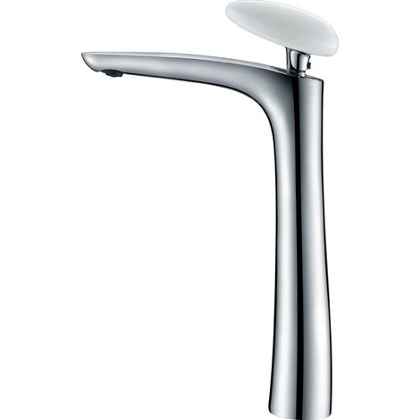 Essebagno – Mitigeur lavabo Galet bec haut chromé – Poignée blanche – Système Essefix sans outils – Aérateur dévissable pour entretien facile