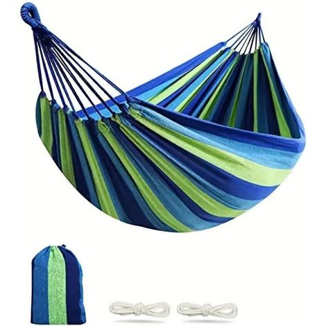 Hamac d'extérieur - Hamac de voyage portable en toile épaisse anti-renversement à rayures - Bleu 200 x 100 cm (1/4)