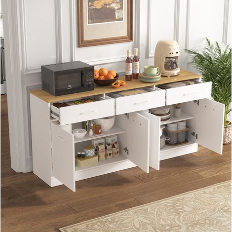 Isla de cocina 160x37x76.5 cm blanca y natural en MDF con 3 cajones y estantes regulables