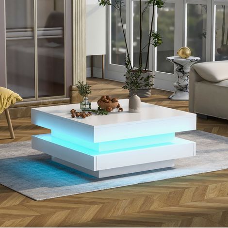 Tavolino quadrato 70x70x36 cm in legno bianco, piano girevole LED, FloraGrace (1/5)