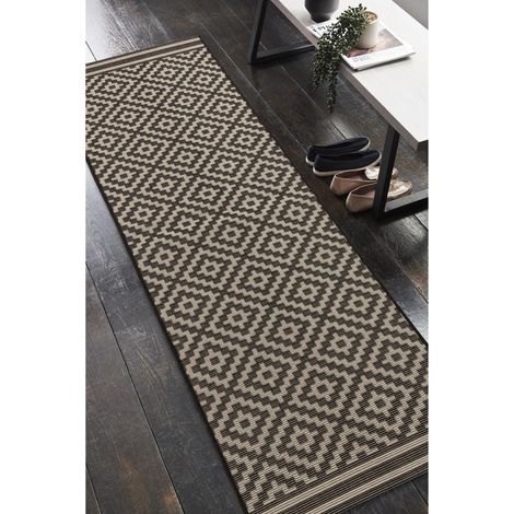 Patio Diamond Flatweave Garden Kitchen Indoor Outdoor Mono Black Rug Floor Mat Hallway 66 x 240 cm (1'x11''x7'10'') Runner (1/3)
