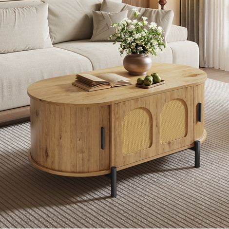 Table basse ovale avec portes coulissantes et porte en rotin, naturel, 100x50x40 cm (1/5)