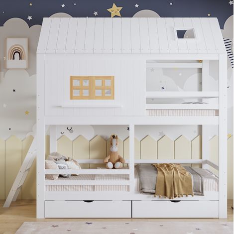 Kinder-Etagenbett 90 x 200 cm mit Dach, Fenstern und 2 Schubladen, Weiß/Natur (1/5)