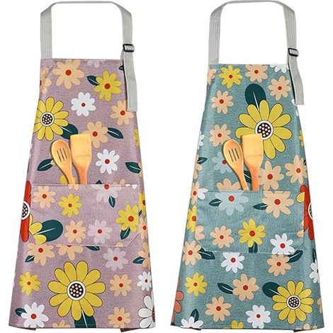 Delantal de cocina para mujer，paquete de 2，impermeable y resistente al aceite，con bonitos estampados y un ambiente cálido y acogedor，ajustable (1/5)