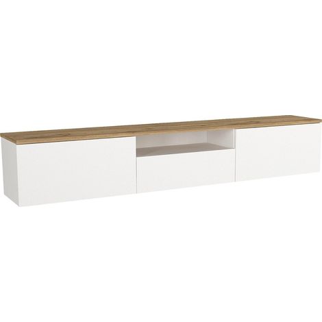 Meuble TV suspendu avec 3 portes et 1 niche - Blanc et naturel - LOTULA (1/4)