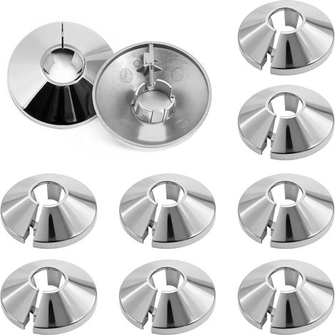 Paquete de 10 embellecedores cromados para tubos de radiador, fabricados en plástico, 15 mm de diámetro, 4,5 cm de ancho, fijación mediante clip, para tuberías de calefacción central.