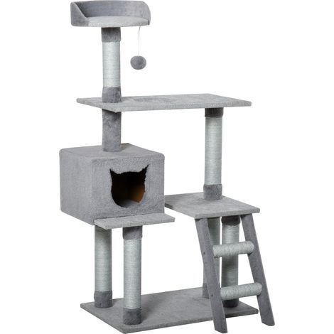Albero Tiragraffi per Gatti 60,5x40x124 cm con Casetta e Corda di Juta Grigio (1/5)