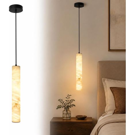 Suspension en Pierre Naturelle, Luminaire Suspendu Cylindrique Moderne en Métal, Hauteur Réglable, Lumière Chaude, 40 cm (20 W), Noir (1/5)