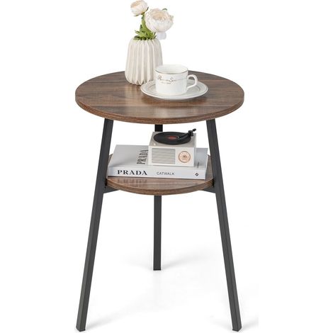 Round Side Table Wooden 2-Tier Sofa End Beside Accent Table W/ Storage Shelf (1/5)