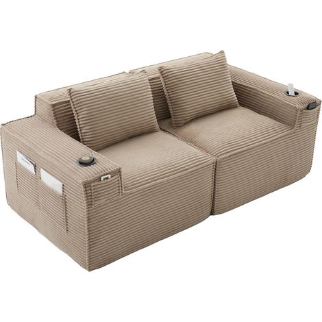 Sofá modular de 2 plazas de terciopelo acanalado caqui con portavasos y bolsillos laterales (1/5)