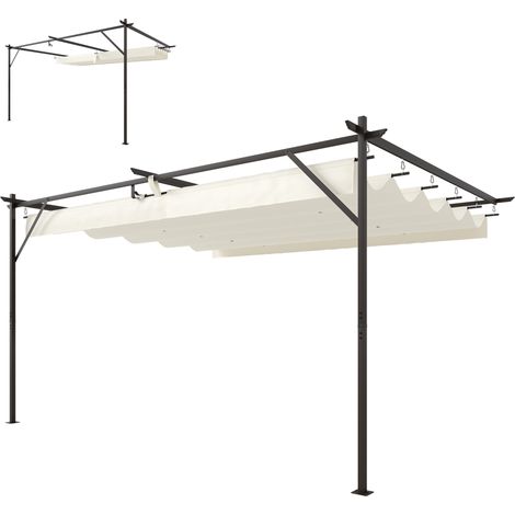 Pergola adossée 3x4m avec toit coulissant rétractable et trous de drainage, blanc crème