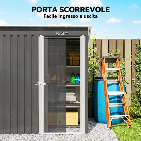 Abri jardin 152 x 91 cm – Porte coulissante, toit incliné – Gris clair – Rangement outils