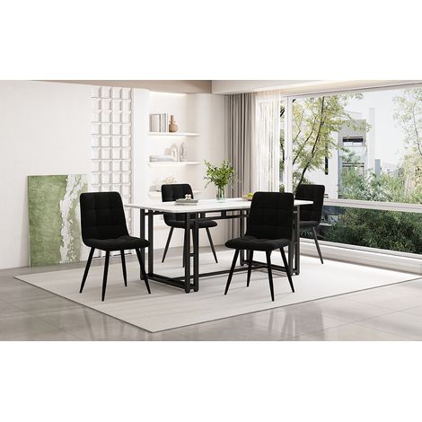 Table à manger noire de 140x80 cm avec 4 chaises,ensemble de table à manger moderne de cuisine,chaises en velours noir,table à pieds en fer noir