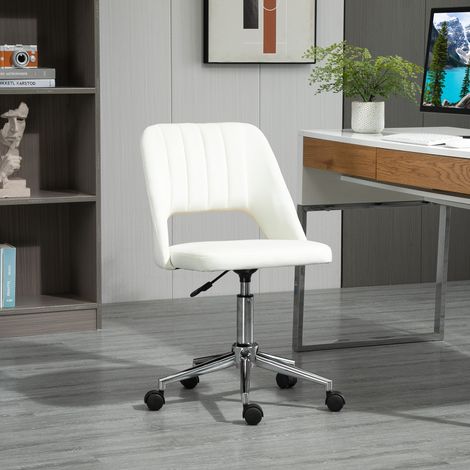 Silla de escritorio regulable en altura con ruedas, giro de 360°, forma ondulada, espuma, 49 x 60 x 79-91 cm, blanco crema.
