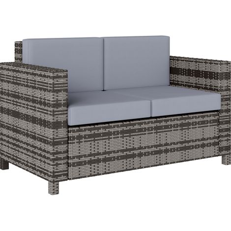 Outsunny Rattan Sofa, 2 Seater Garden Furniture with Soft Padded Cushion and Armrests, Wicker Garden Loveseat for Patio, Mixed Grey