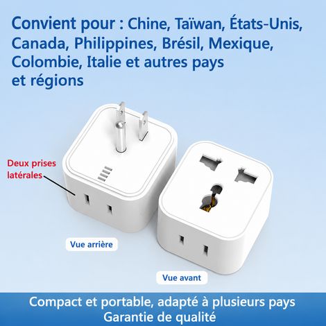 Adaptateur de voyage prise américaine 3 broches 1 vers 2 prises secteur 125 V 10 A 2 125 10 1250 – Livraison gratuite