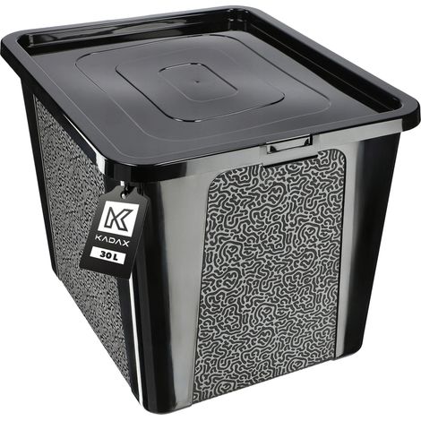 Contenedor de plástico de 30 litros, color negro, diseño rectangular, tapa con cierre seguro, solución de almacenamiento versátil. (1/5)