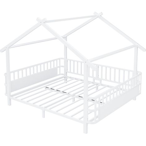 Letto per bambini in metallo 140 x 200 cm con barriera di sicurezza, design casa, bianco (1/5)