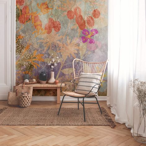 Fotomural Profhome 382641 papel pintado vinílico estampado en caliente tejido non tejido liso de estilo acuarela mate naranja púrpura amarillo azul 3,71 m x 2,8 m
