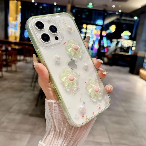 Coque de téléphone 3D à motif floral mignon (iPhone 14 Pro Max, verte), compatible avec iPhone, protection antichoc