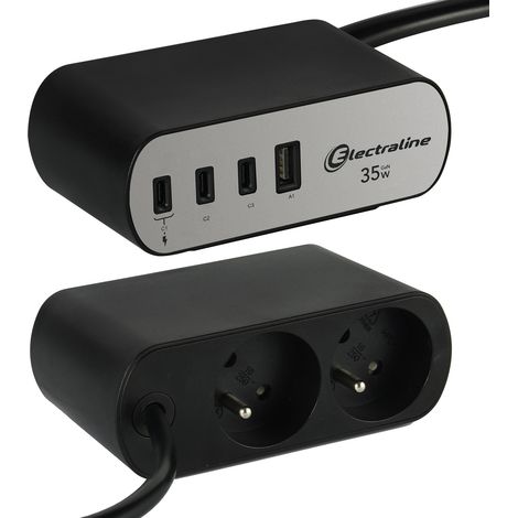 Bloc Multiprise pour Bureaux Electradock avec 2 Prises Françaises + 4 USB (3 USB PD35W + 1 USB A QC) + 1 support de bureau inclus (1/5)