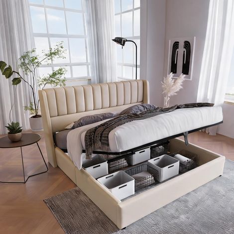 Cadre de lit beige en lin 214,5 x 193 x 113 cm (1/5)