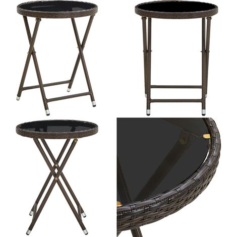 Table à thé Marron 60 cm Résine tressée et verre trempé - Table Basse Jardin - Table À Thé Pliante - Mobilier De Jardin - Table Extérieure - Résine Tressée - Home & Living