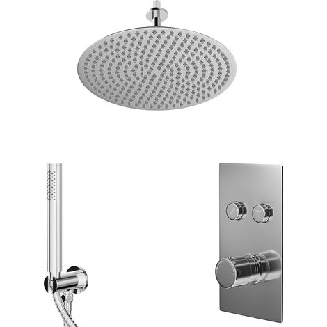 Circo Polished Chrome Push Button Diverter Concealed Thermostatic Shower Valve and 400mm Round Fixed Head with 150mm Ceiling Arm and Outlet Holder with Kit - 2 Outlet (1/5)