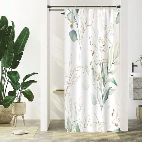 Rideau Douche Vert, Rideau de Douche Feuilles d'eucalyptus Abstrait Doré Plante Petit Rideaux de Baignoire Anti Moisissure Imperméable Tissu Polyester Rideaux de Bain avec 6 Crochets 180x180cm (1/4)