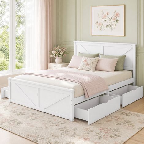 Cama 160x200 cm blanca de pino y MDF con cabecero y 4 cajones (1/5)