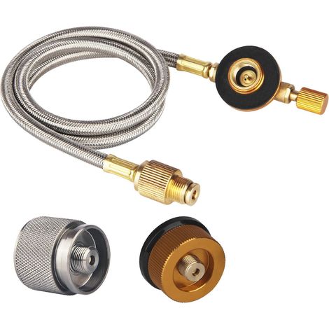 Tuyau adaptateur propane de 60 cm (2 pi) avec raccord de vanne 3 en 1 EN417 compatible multigaz butane/isobutane. (1/4)