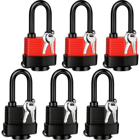 Lot de 6 cadenas résistants aux intempéries, cadenas à fermeture identique avec 12 clés, gaine en plastique imperméable, cadenas de cave, pour extérieur, garage, clôture (1/5)
