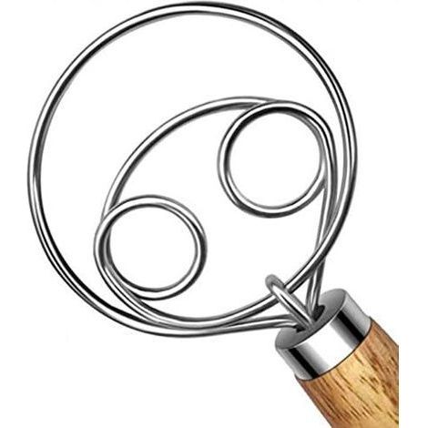 Stainless steel dough mixer, hand beater for bread dough, wooden handle (1/4)