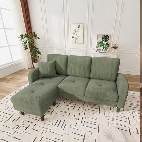 Canapé d'angle modulaire 3 places en tissu cordé vert 166 x 118 (1/5)