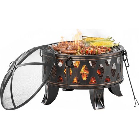 Relaxdays Feuerschale, Ø 66 cm, mit Grillrost, Funkenschutz & Schürhaken, Feuerstelle Garten, Feuerkorb, schwarz/bronze