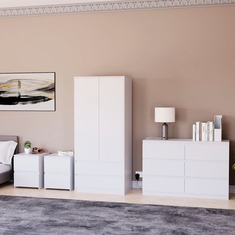 4 Piece Denver Bedroom Set, 2 Drawer Large Bedside Chest x2, 6 Drawer Chest, 2 Door 2 Drawer Wardrobe, White (1/2)