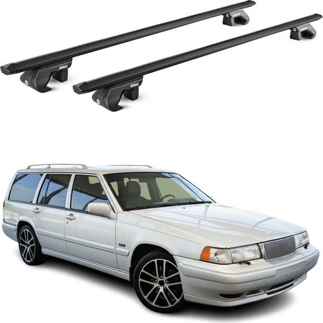 OMAC Dachträger Aluminium TÜV geprüft für Volvo 940 Kombi 1990-1998 – Für Standard Dachreling – T Nut – Max 90 kg – 2 Schlösser Schwarz (1/5)