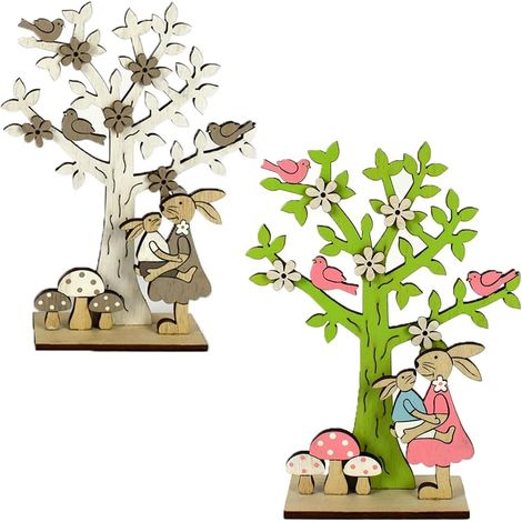 Albero di Pasqua Set 2 con Coniglio Colombe Fiori addobbi pasquali in Legno casa per Decorazioni vetrina Negozio centrotavola (1/5)