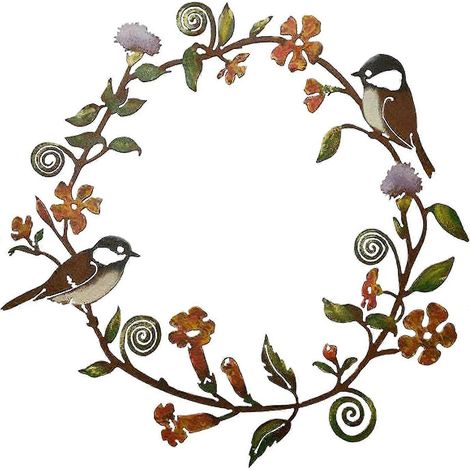 Metallkranz mit Vogelmotiv, Wanddeko aus Metall mit Meisen und Blumen, Hängende Wanddekoration für Fenster, Haustür, Wohnzimmer (d-4-)