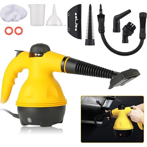 Pulitore a vapore portatile multifunzione da 1000 W, mini apparecchio per la pulizia, con 9 accessori per rimuovere macchie da tende, finestre, tappeti, sedili auto, divani, cucine e bagni.