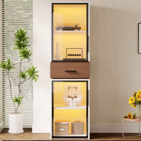 Vitrine aus MDF in Weiß 40 x 40 x 200 cm mit 2 Türen aus Sicherheitsglas, 1 Schublade und LED-Beleuchtung (1/5)