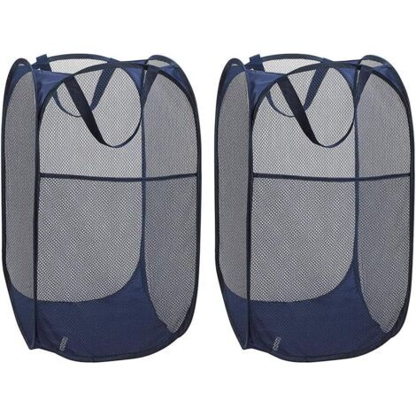 Panier à Linge [Lot de 2] Corbeilles à Linge Pliable Pop Up en Maille Filet Sac à Linge Panier à Linge Pliable avec ManiPôler, Bleu (1/5)