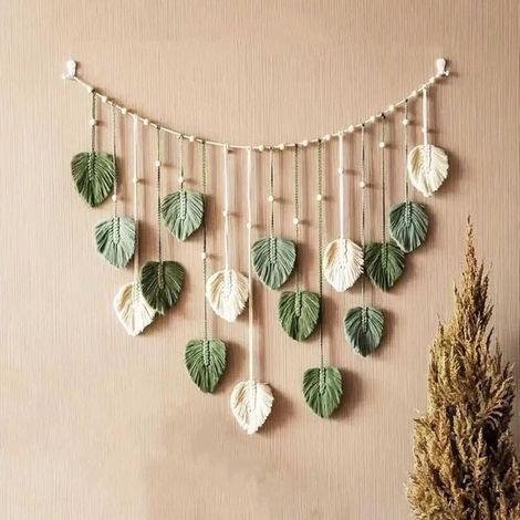 Boho-Makramee-Wandbehang mit Blättern fürs Babyzimmer, 119 cm lang, handgewebter Wandteppich mit Garnquaste, Boho-Wanddekoration fürs Babyzimmer, Schlafzimmer (1/4)