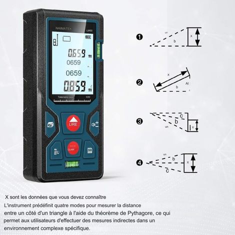 Télémètre Laser Numérique, LM50 50m Mètre Laser numérique,Mesure du théorème de Longueur/Zone/Volume/Théorème de Pythagore avec Rétroéclairage LCD, IP54
