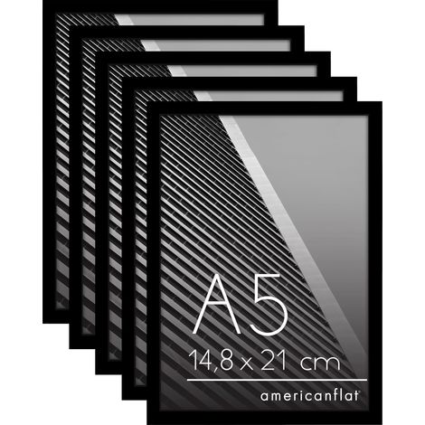 Cadre Photo A5 Noir - Cadre A5 avec Bordure Fine, Vitre Antichoc, Chevalet et Matériel de Suspension Intégré pour Mur et Surface Plane - Lot de 5 (1/5)