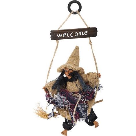 Realistische, hängende fliegende Hexe mit Besen, Türdekoration für Halloween (Gelb) (1/5)